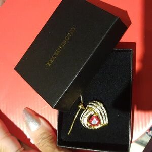 SOLID 18K YELLOW GOLD OVER STERLING SILVER RUBY HEART PENDANT & CHAIN